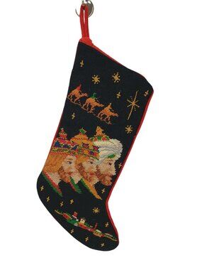 Handcrafted Needlepoint Christmas Stocking King Wise Men & Camel Red Backing 20"